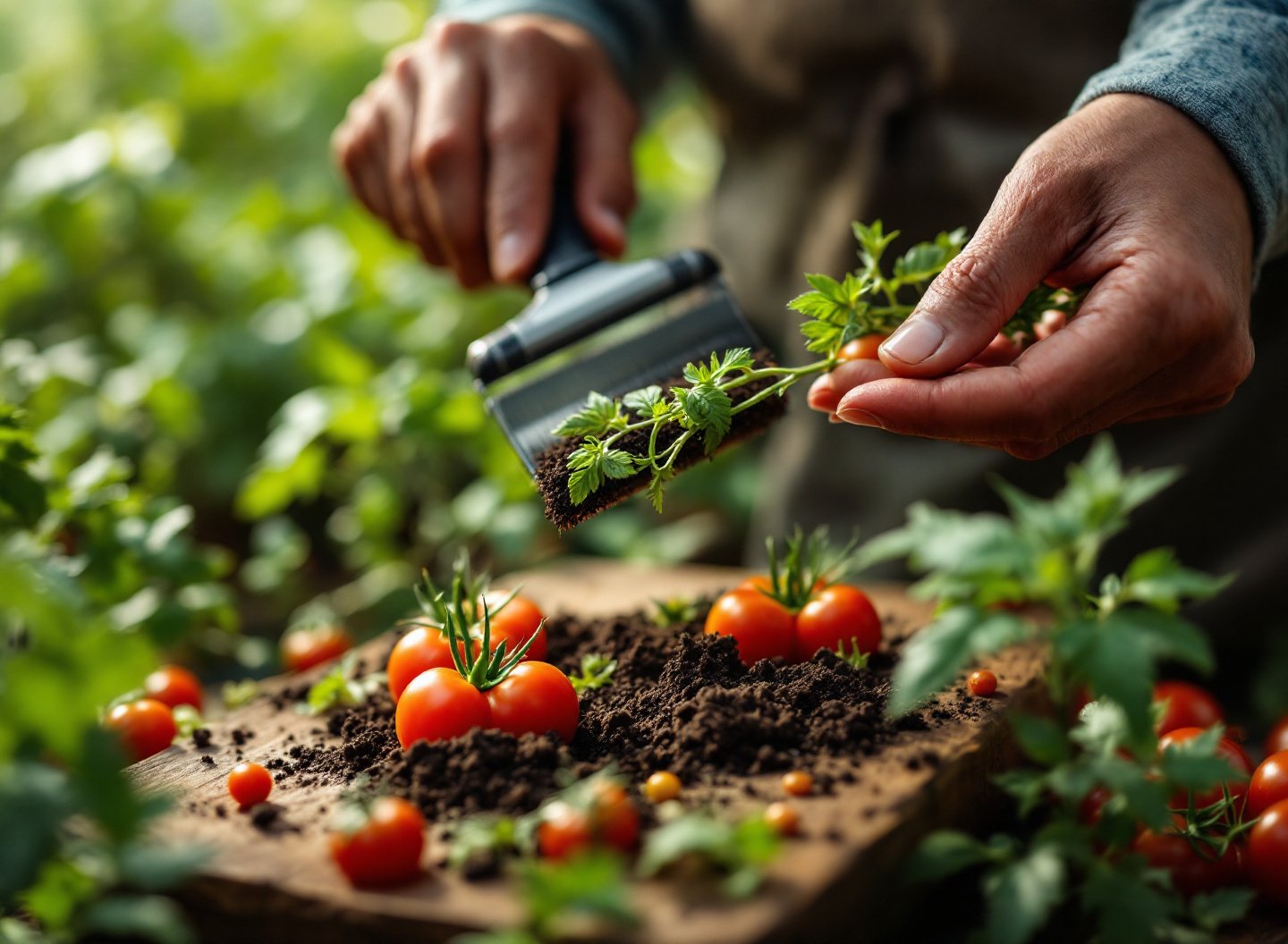 Regando plantas de tomate com cobertura de palha.