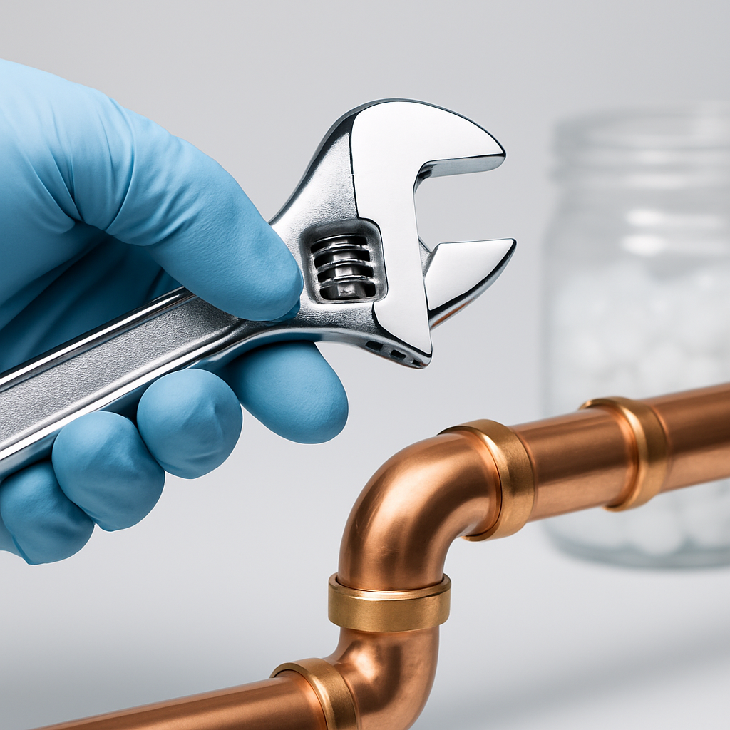 Manutenção de tubulação de cozinha com chave e vedação de silicone