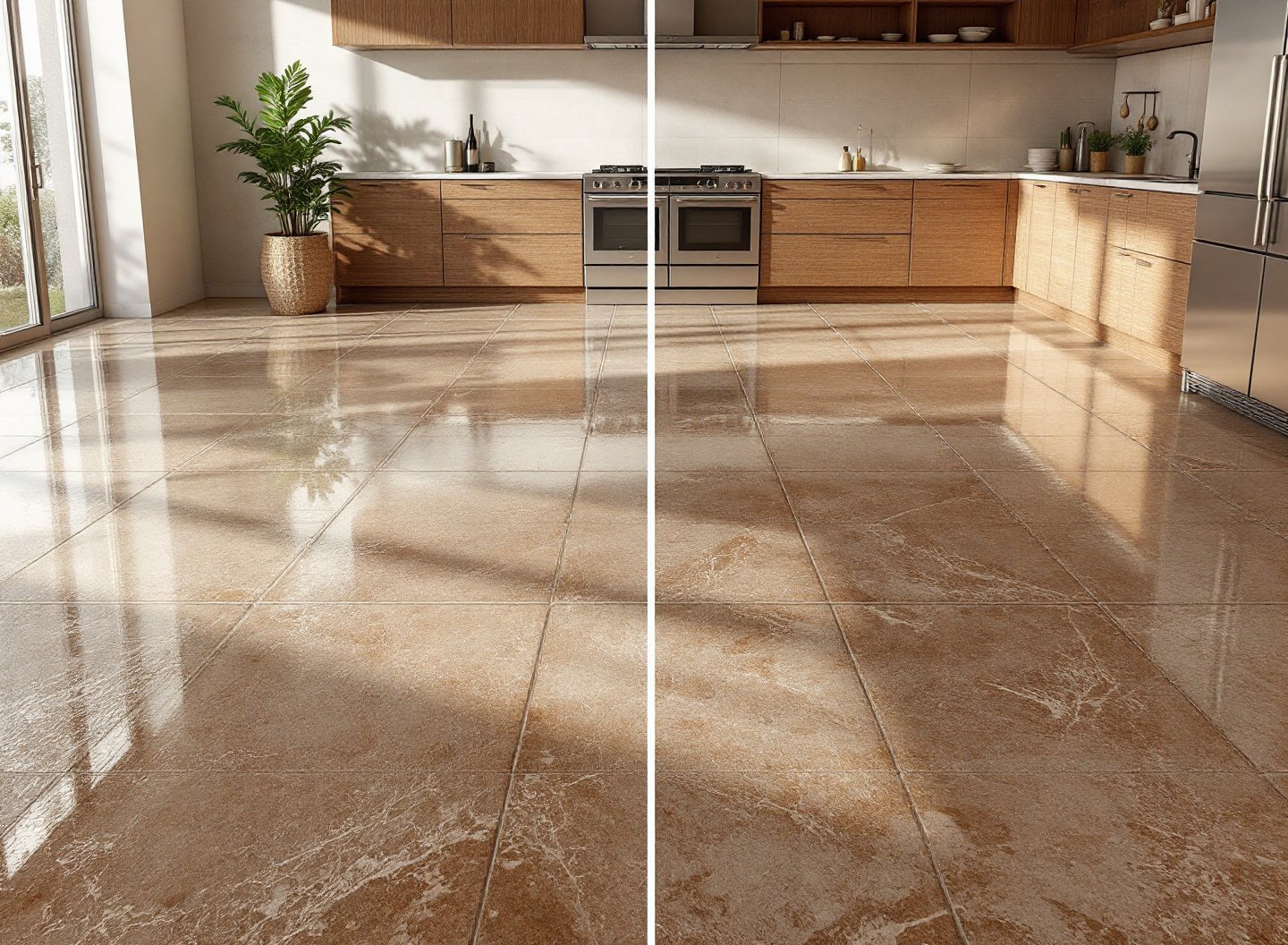 Antes e depois da limpeza de piso de cozinha engordurado