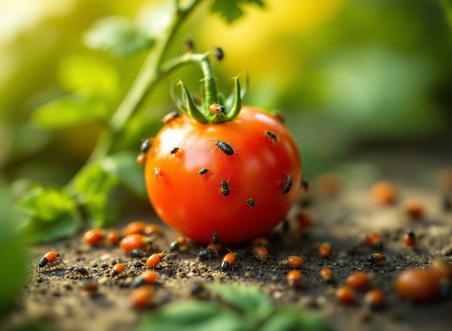 Infestação de pulgões em folha de tomate.