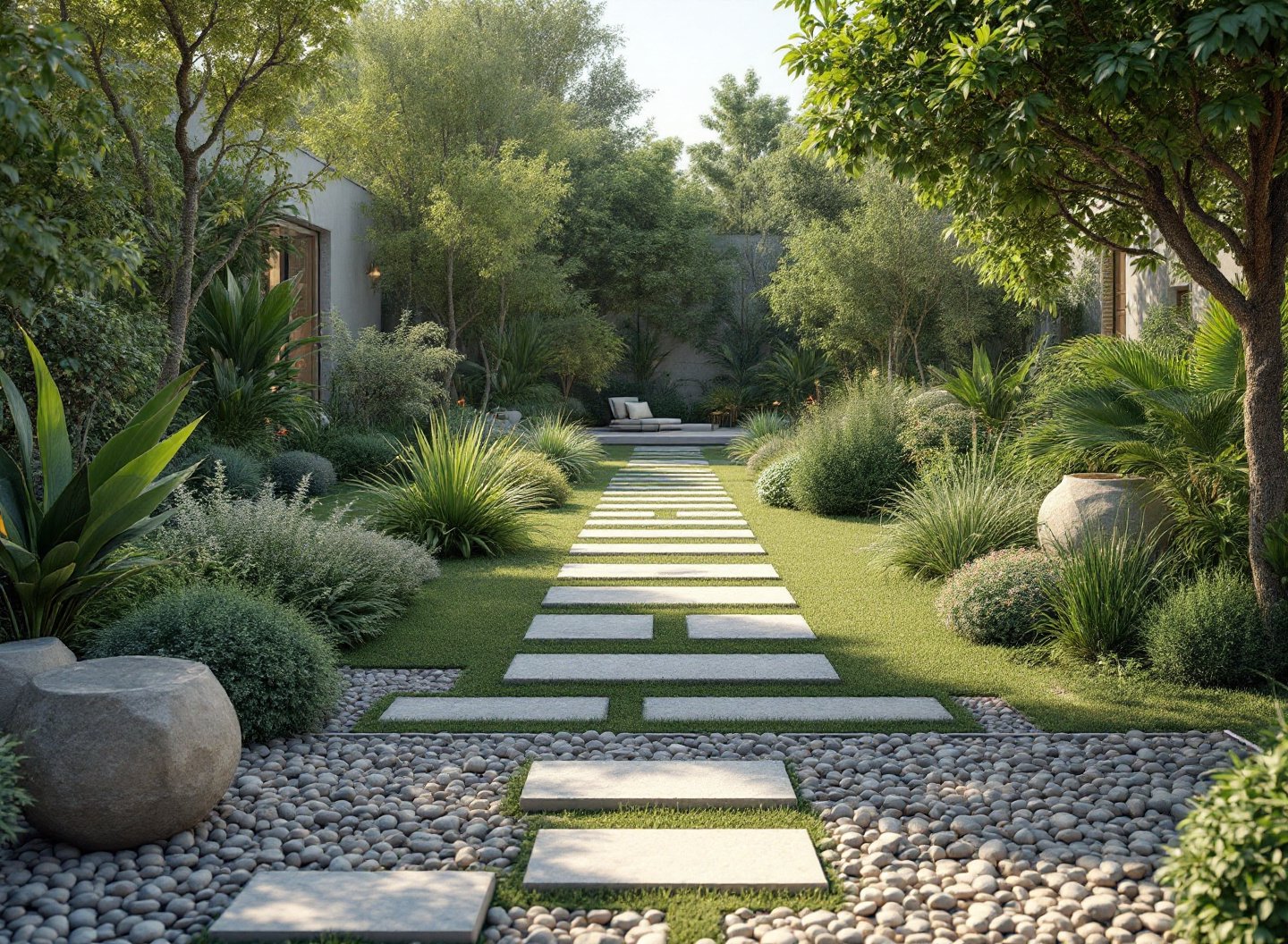 Jardim zonificado com caminho de pedras