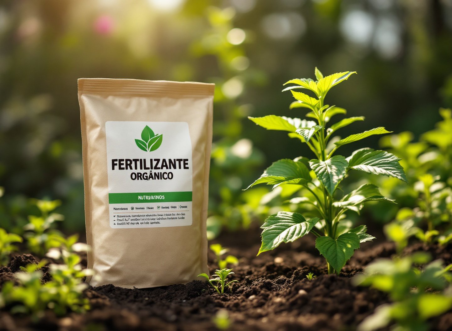 Fertilizante orgânico próximo a uma planta.