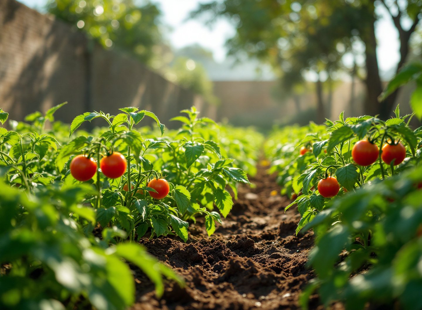 Plantas de tomate sob calor excessivo com sombra parcial.